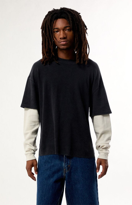 Pacsun Men's Black Waffle Knit 2Fer Layered Long Sleeve T-Shirt - 0126468680029