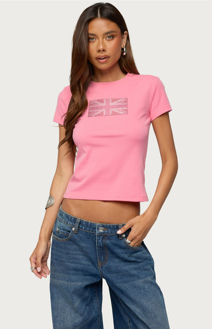 Edikted Women's UK Girl Rhinestone T-Shirt - 0262609690047