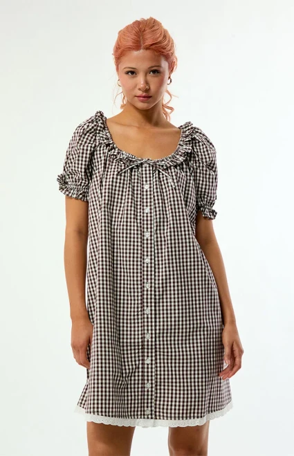 WEWOREWHAT Women's Gingham Puff Sleeve Button Up Mini Dress - 0870603330003