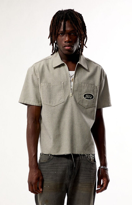 FORD Men's Black and Cream Striped Quater Zip Shirt - 0180611110019