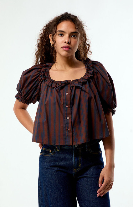 WEWOREWHAT Women's Striped Puff Sleeve Button Up Top - 0731603330003