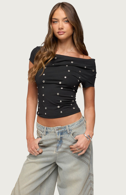 Edikted Women's Bijou Metal Snap Cowl Neck Top - 0263609690432