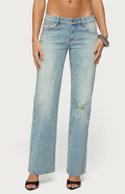 Edikted Women's Lainie Distressed Low Rise Bootcut Jeans - 0267609690102