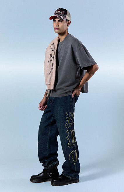 Pacsun Men's Dylan Baggy Jeans Frayed NYC Applique Dark Blue - 0131611110032