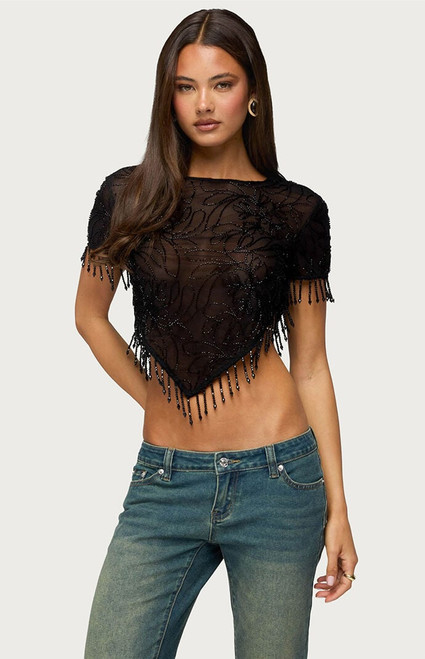Edikted Women's Yanna Beaded Fringe Poncho Top - 0263609690500