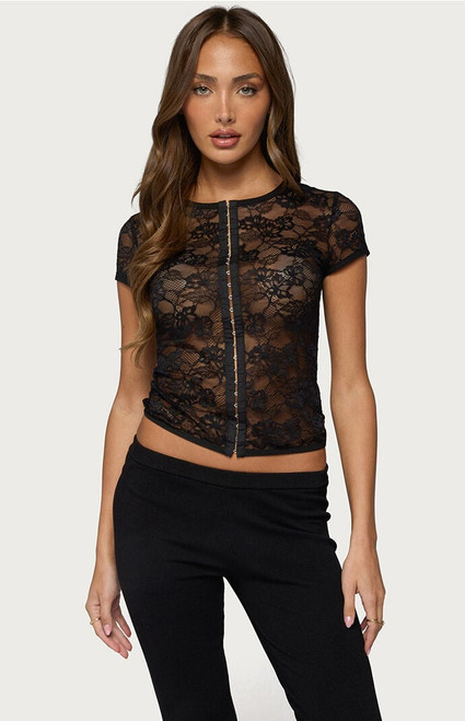 Edikted Women's Jessi Sheer Lace Hook & Eye Top - 0263609690519