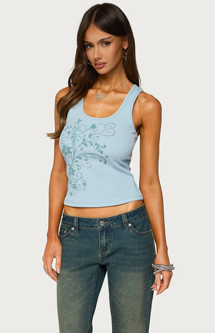 Edikted Women's Veila Rhinestone Ribbed Graphic Tank Top - 0260609690263