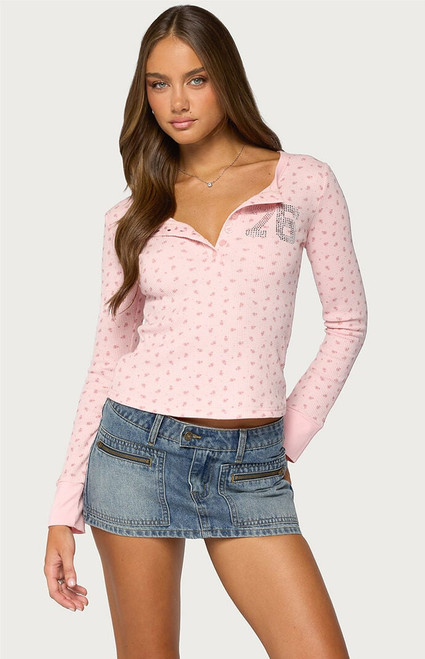 Edikted Women's 76 Rhinestone Floral Henley Top - 0263609690548