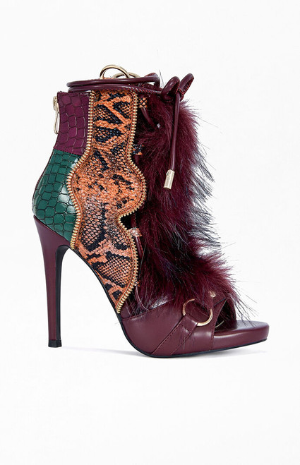 AZALEA WANG Women's Heather Burgundy Faux Fur Stiletto Sandals - 0275611590163