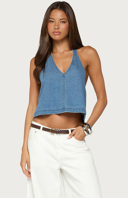 Edikted Women's Teddie Backless Denim Halter Top - 0263609690560