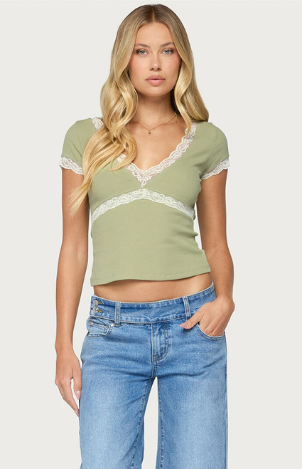 Edikted Women's Juli Lacey Ribbed V Neck Top - 0263609690570