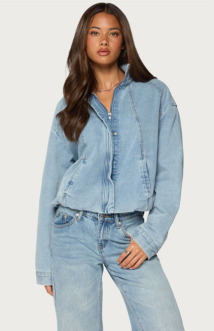 Edikted Women's Jaysi High Neck Denim Bomber Jacket - 0272609690006