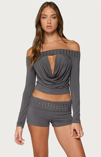 Edikted Women's Amy Studded Off Shoulder Cowl Neck Top - 0263609690575