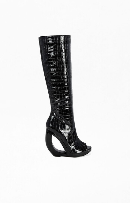 AZALEA WANG Women's Camilla Black Croc Wedge Boots - 0275611590207