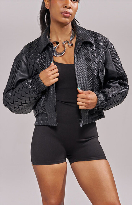 AZALEA WANG Women's Alonso Black Faux Leather Bomber Jacket - 0272611590013