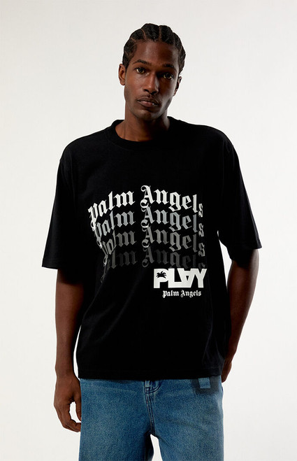 PLAY PALM ANGELS Men's Black Typographic Relaxed Boxy T-Shirt - 0097513430021