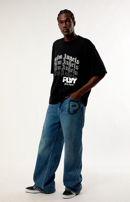 PLAY PALM ANGELS Men's Medium Blue Graffiti Logo Baggy Wide Leg Jeans - 0135513430002