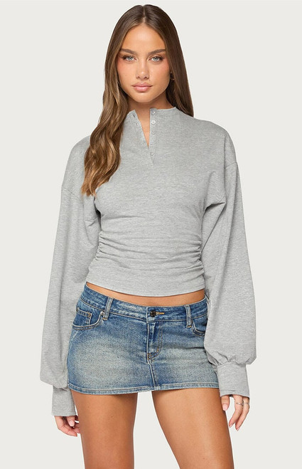 Edikted Women's Diya Long Puff Sleeve Henley Top - 0263609690579