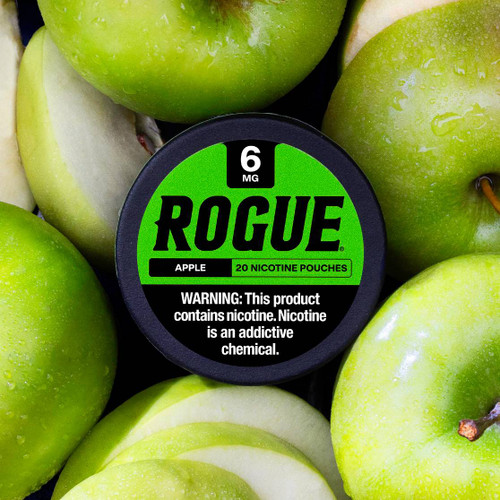 Can of Rogue 6mg Apple flavored pouches on background of 3 apples