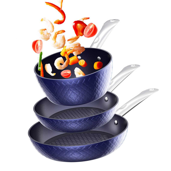 Non-Stick Frying Pan Set - 3-Piece Blue 3D Diamond Cookware