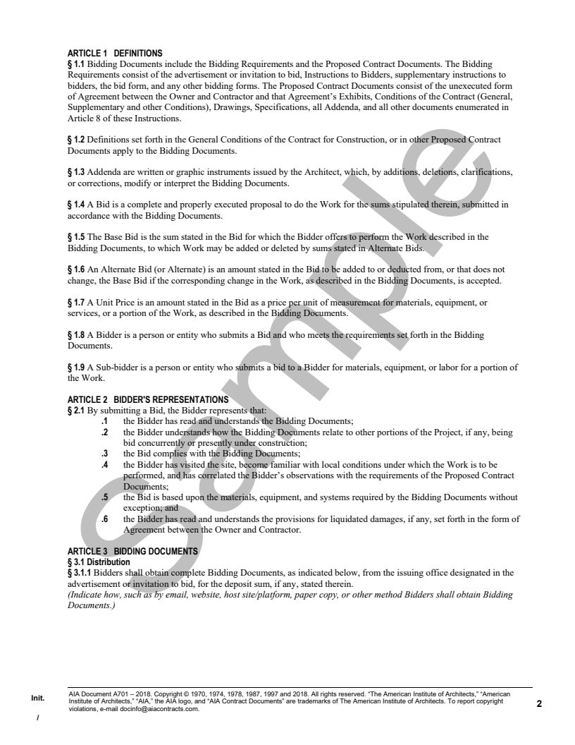 A701-2018 Instructions to Bidders