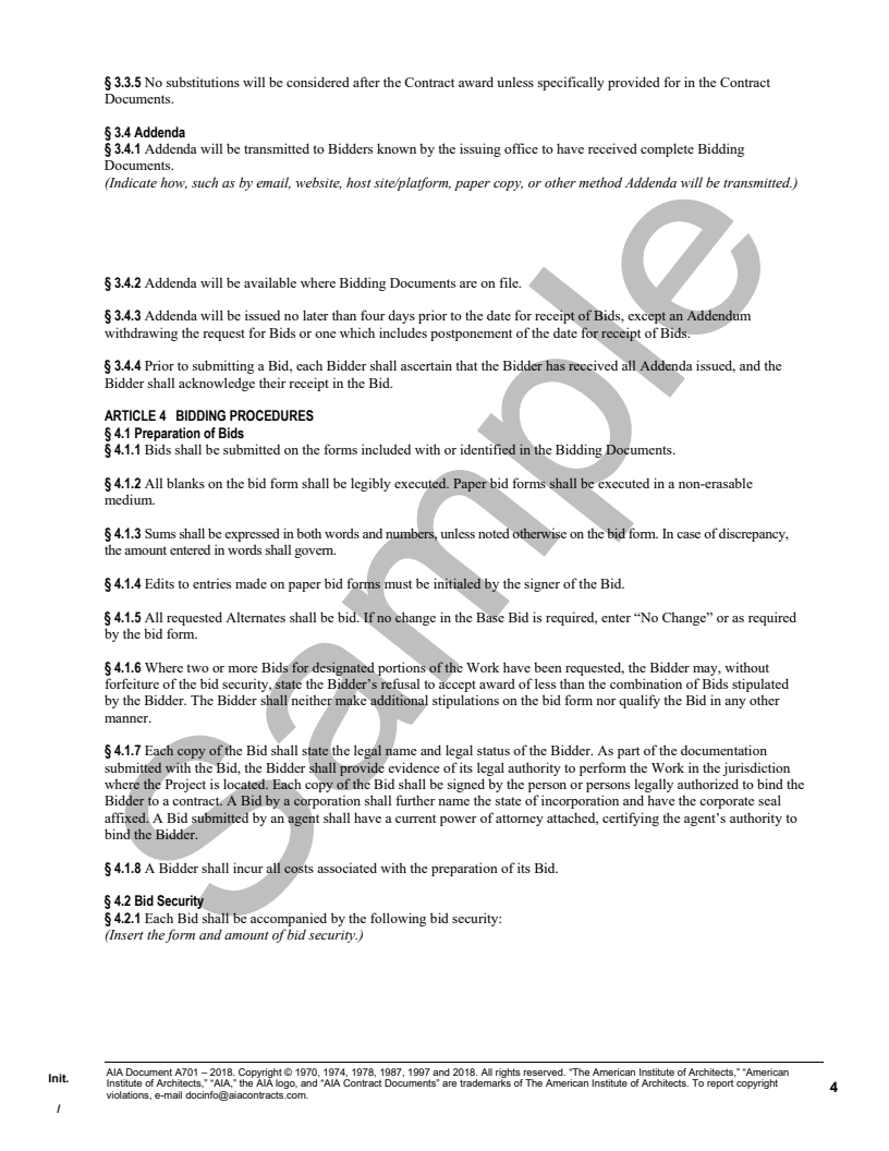 A701-2018 Instructions to Bidders