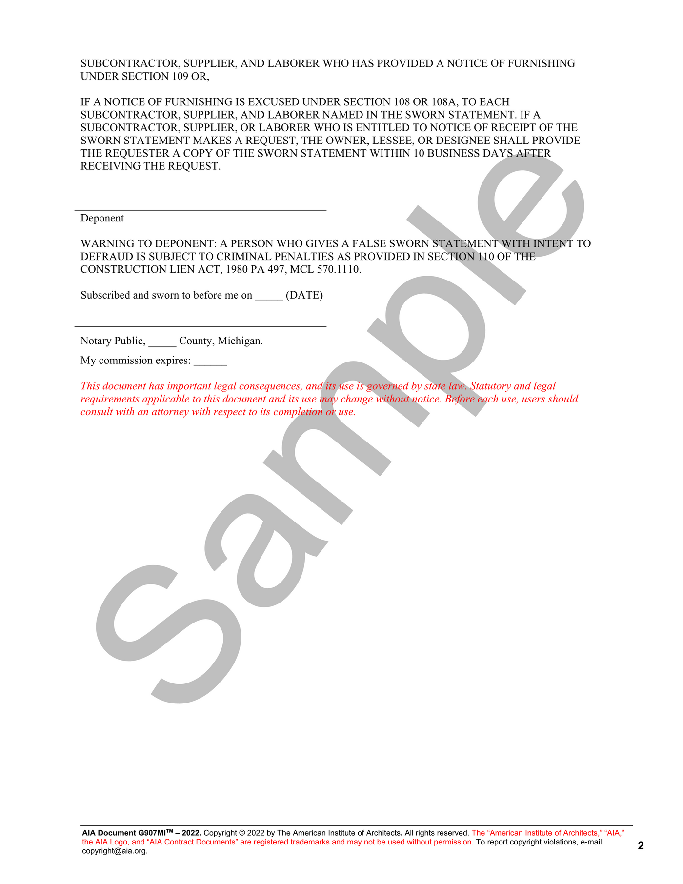 G907MI: Michigan Sworn Statement | AIA Contract Documents