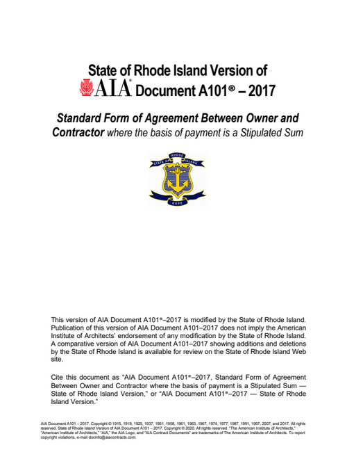 A101 RI: Owner and Contractor Agreement - Stipulated Sum (Rhode Island Version)