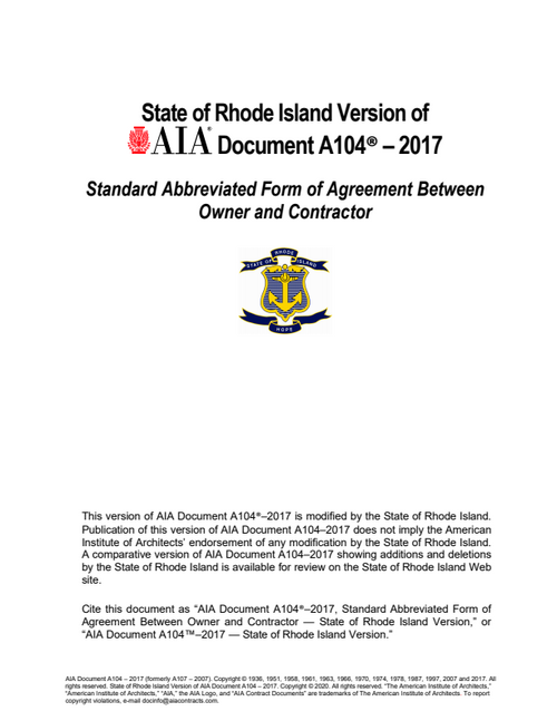 A104 RI: Owner and Contractor Agreement - Mid-Complexity Projects (Rhode Island Version)