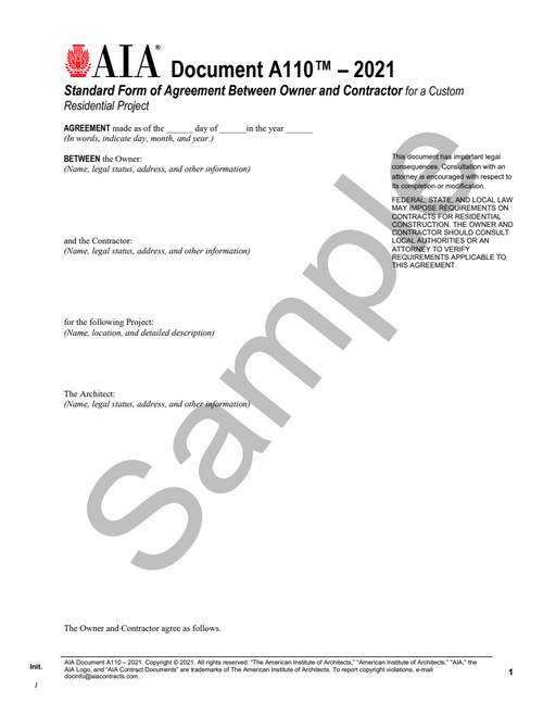 A110: Owner and Contractor Agreement - Custom Residential
