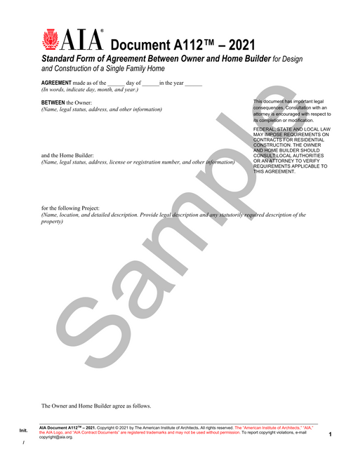 A112: Owner and Home Builder Agreement - Design and Construction, Single-Family