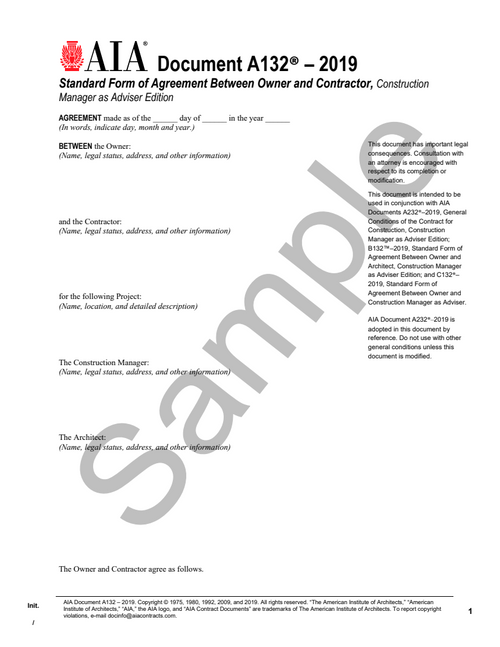 A132: Owner and Contractor Agreement - Construction Manager as Advisor Edition