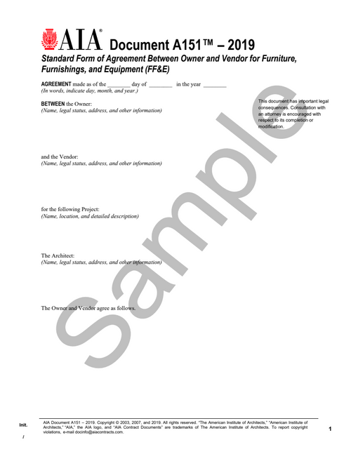 A151: Owner and Vendor Agreement - Furniture, Furnishings and Equipment (FFandE)