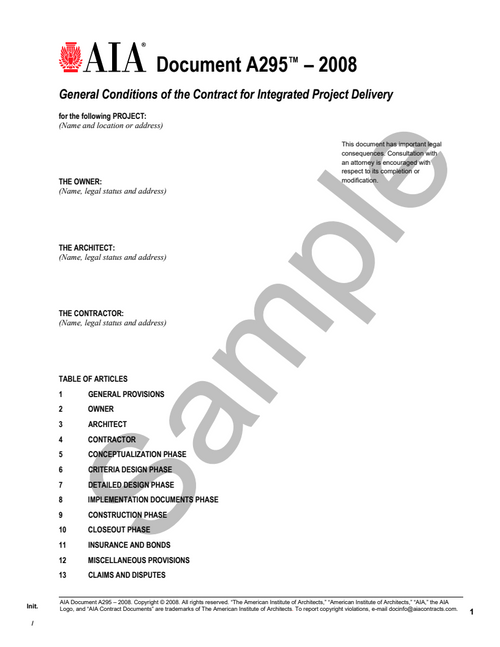 A295: General Conditions - Integrated Project Delivery