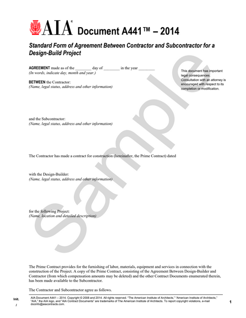 A441: Contractor and Subcontractor Agreement - Design-Build