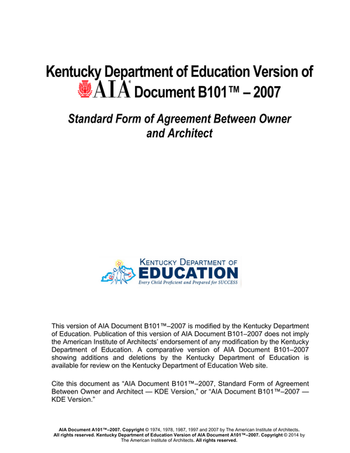 B101 KDE: Owner and Architect Agreement (Kentucky Version, 2007)