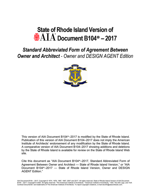 B104 RI: Owner and Architect Agreement - Mid-Complexity Projects, Design Agent Edition (Rhode Island Version)
