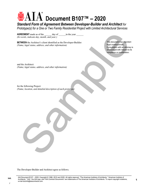 B107: Developer-Builder and Architect Agreement - Residential Prototypes