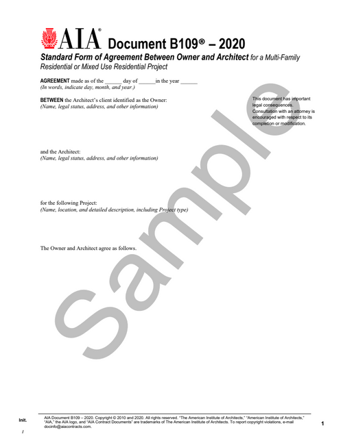 B109: Owner and Architect Agreement - Multi-Family and Mixed-Use Residential