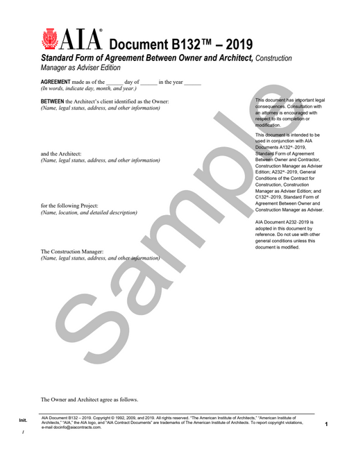 B132: Owner and Architect Agreement - Construction Manager as Advisor Edition