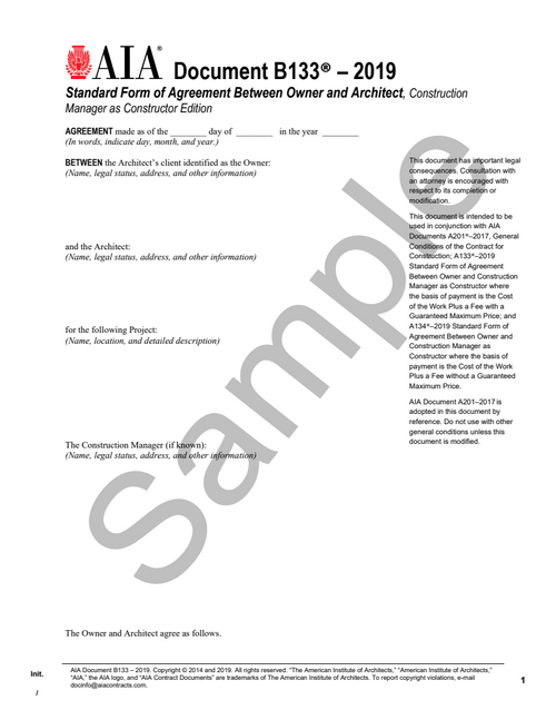 B133: Owner and Architect Agreement - Construction Manager as Constructor Edition
