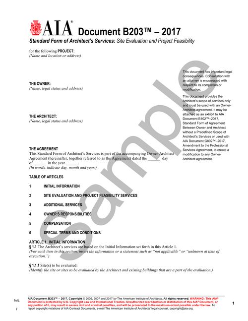 B203: Architect's Services - Site Evaluation and Project Feasibility