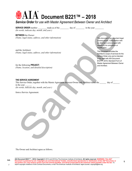 B221: Owner and Architect Service Order - Master Agreement