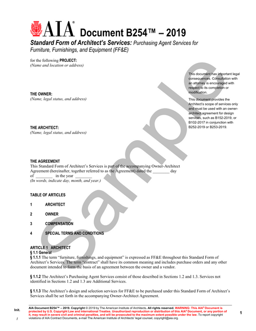 B254: Architect's Services - Furniture, Furnishings and Equipment (FFandE) Purchasing Agent