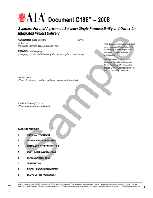 C196: Single Purpose Entity and Owner Agreement - Integrated Project Delivery