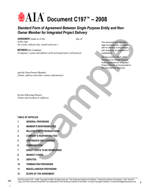 C197: Single Purpose Entity and Non-Owner Member Agreement - Integrated Project Delivery
