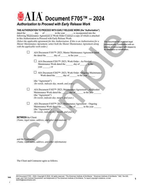 F705: Authorization to Proceed with Early Release Work - Maintenance