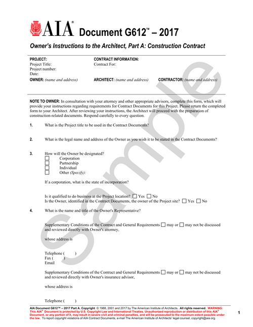 G612 Part A: Owner's Instructions to the Architect - Construction Contract