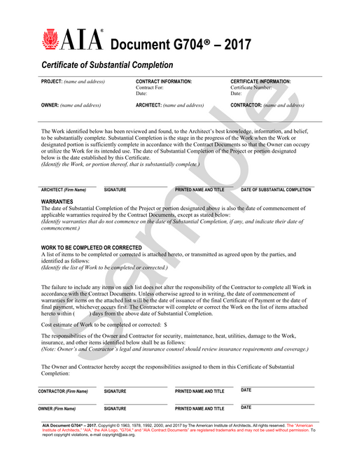 G704: Certificate of Substantial Completion