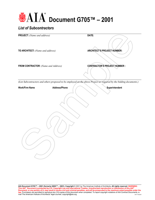 G705: List of Subcontractors